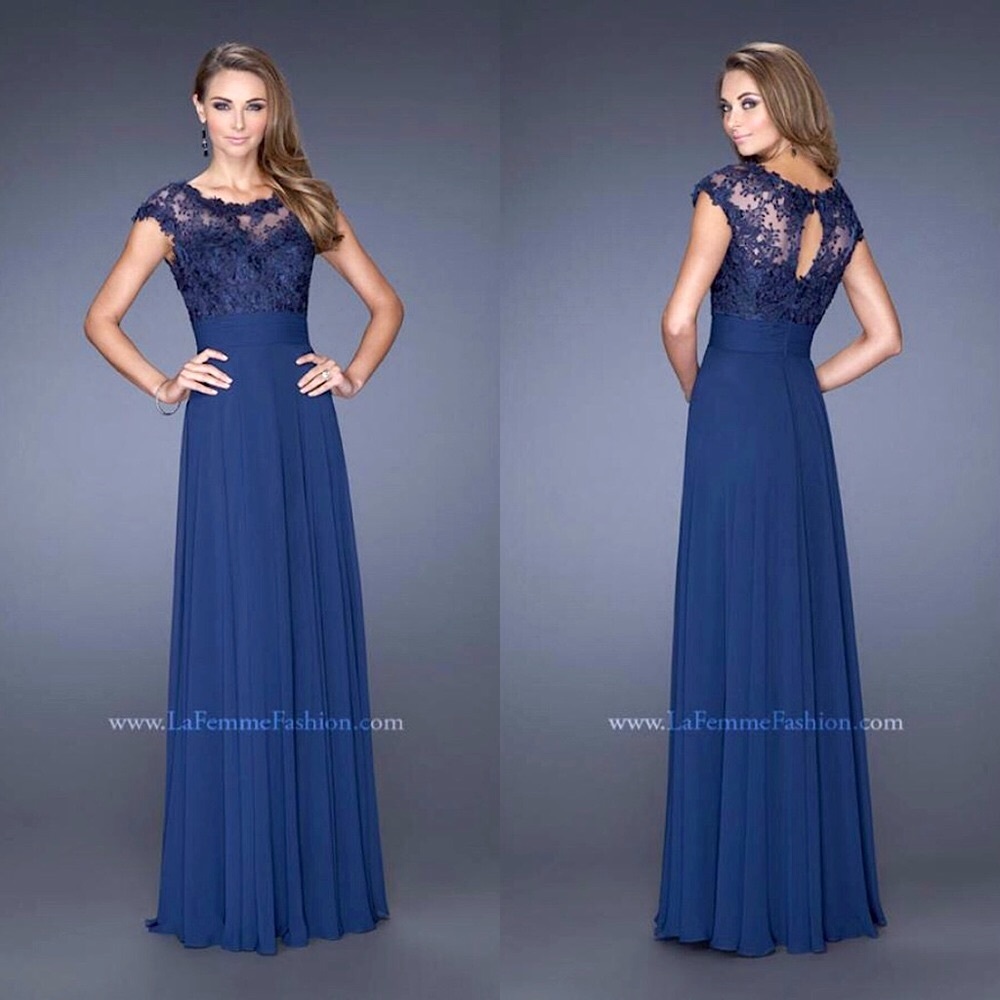 La Femme Lace Chiffon Maxi Evening Gown in Navy Blue Size 4
